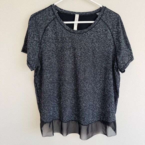 Lululemon Quick Pace Soundwave Black White Split Back Short Sleeve Mesh Size 12 - Picture 1 of 4